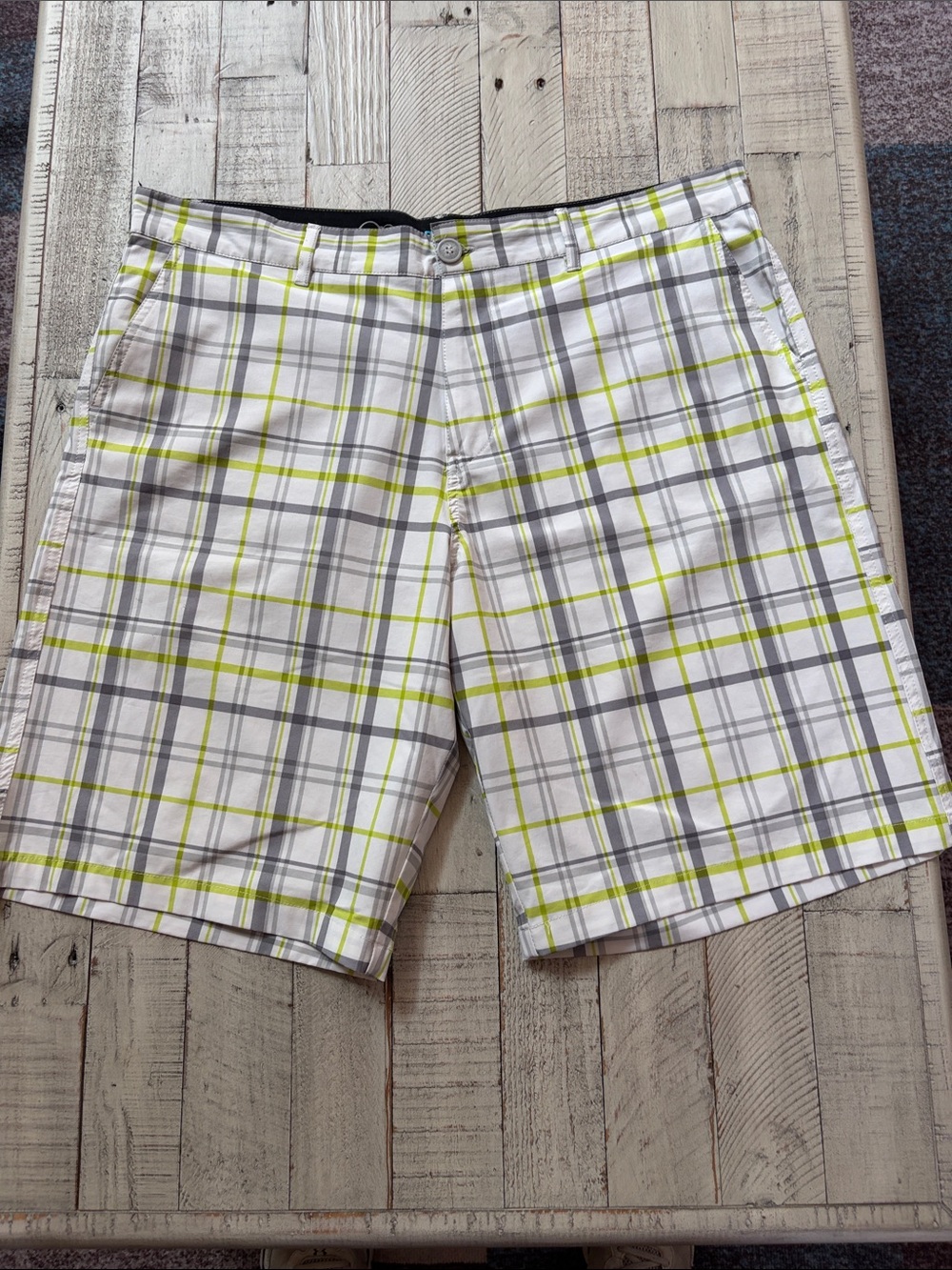 OP Men's White Plaid Shorts with Gray & Lime Stripes